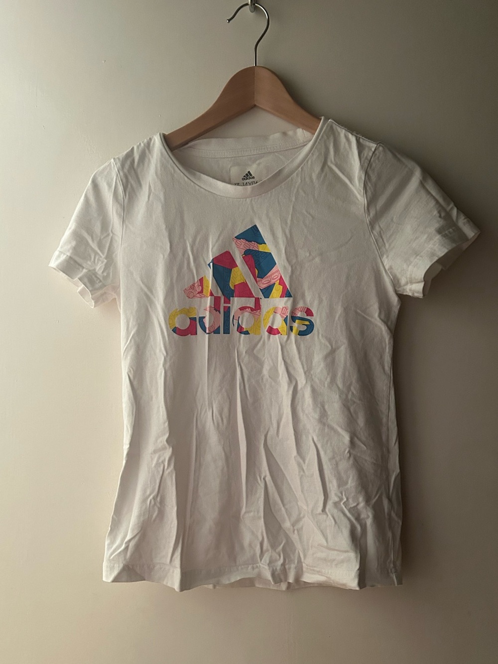 adidas White Tee with Multicolor Logo